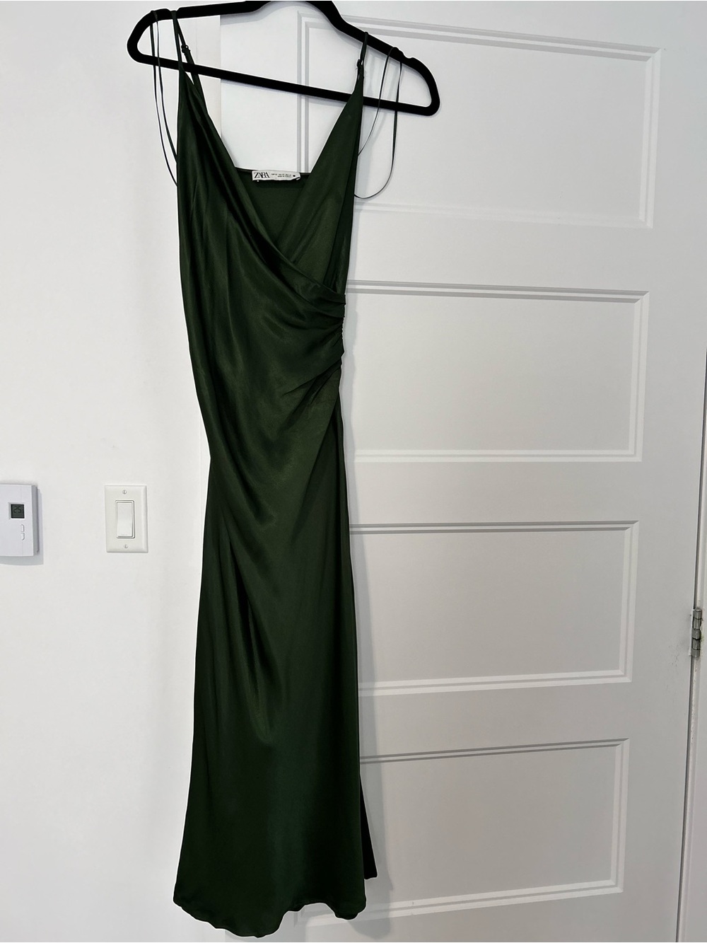 Zara Forest Green Satin Slip Maxi Dress with Draped Side